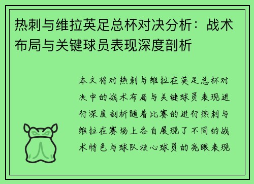 热刺与维拉英足总杯对决分析：战术布局与关键球员表现深度剖析